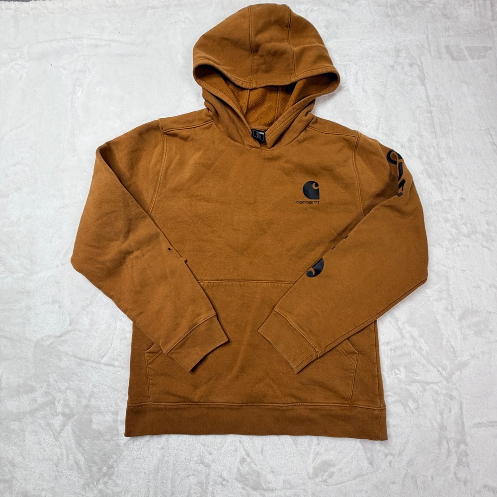 Carhartt Boys XL 18-20 Brown Logo Graphic Sleeve Hooded Sweatshirt TS6272-B